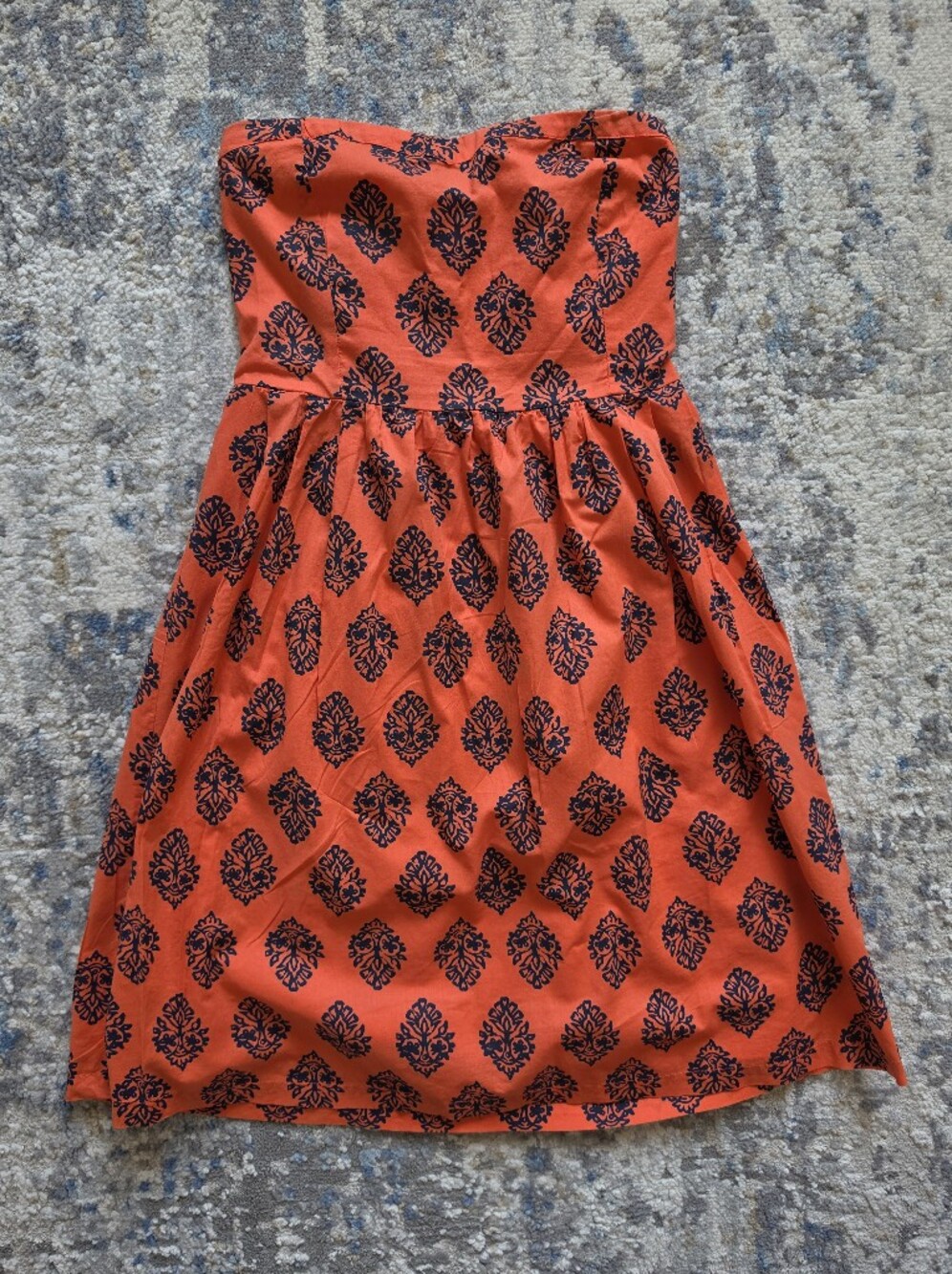 Old Navy Strapless Orange/Coral Dress with Navy Print